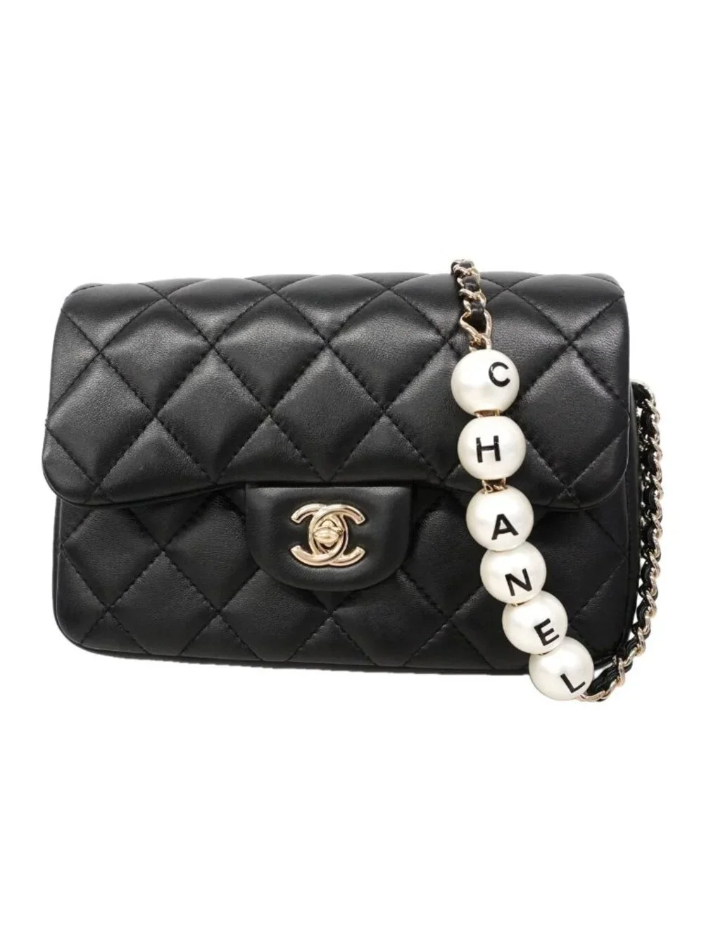 Chanel Shoulder Bag Mini Quilted Lambskin Black Champagne Gold